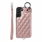 For Samsung Galaxy S22+ 5G Rhombic Texture Card Bag Phone Case with Short Lanyard(Rose Gold) - 1