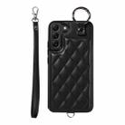 For Samsung Galaxy S22+ 5G Rhombic Texture Card Bag Phone Case with Short Lanyard(Black) - 1