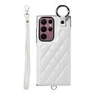 For Samsung Galaxy S22 Ultra 5G Rhombic Texture Card Bag Phone Case with Short Lanyard(White) - 1