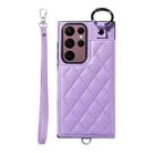 For Samsung Galaxy S22 Ultra 5G Rhombic Texture Card Bag Phone Case with Short Lanyard(Purple) - 1