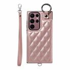 For Samsung Galaxy S22 Ultra 5G Rhombic Texture Card Bag Phone Case with Short Lanyard(Rose Gold) - 1