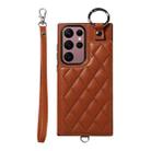 For Samsung Galaxy S22 Ultra 5G Rhombic Texture Card Bag Phone Case with Short Lanyard(Brown) - 1