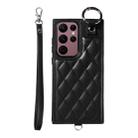 For Samsung Galaxy S22 Ultra 5G Rhombic Texture Card Bag Phone Case with Short Lanyard(Black) - 1