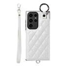 Samsung Galaxy S23 Ultra 5G Rhombic Texture Card Bag Phone Case with Short Lanyard(White) - 1