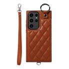 Samsung Galaxy S23 Ultra 5G Rhombic Texture Card Bag Phone Case with Short Lanyard(Brown) - 1