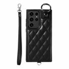 Samsung Galaxy S23 Ultra 5G Rhombic Texture Card Bag Phone Case with Short Lanyard(Black) - 1
