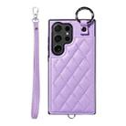 For Samsung Galaxy S24 Ultra 5G Rhombic Texture Card Bag Phone Case with Short Lanyard(Purple) - 1