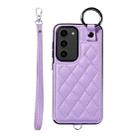 For Samsung Galaxy S23 5G Rhombic Texture Card Bag Phone Case with Short Lanyard(Purple) - 1