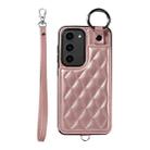 For Samsung Galaxy S23 5G Rhombic Texture Card Bag Phone Case with Short Lanyard(Rose Gold) - 1