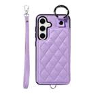 For Samsung Galaxy S24 5G Rhombic Texture Card Bag Phone Case with Short Lanyard(Purple) - 1