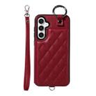 For Samsung Galaxy S23 FE 5G Rhombic Texture Card Bag Phone Case with Short Lanyard(Wine Red) - 1