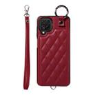 For Samsung Galaxy A12 4G Rhombic Texture Card Bag Phone Case with Short Lanyard(Wine Red) - 1