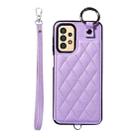 For Samsung Galaxy A13 4G / 5G Rhombic Texture Card Bag Phone Case with Short Lanyard(Purple) - 1