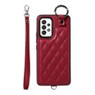 For Samsung Galaxy A53 5G Rhombic Texture Card Bag Phone Case with Short Lanyard(Wine Red) - 1