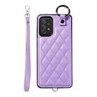 For Samsung Galaxy A72 4G / 5G Rhombic Texture Card Bag Phone Case with Short Lanyard(Purple) - 1