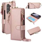 For Samsung Galaxy Z Fold6 Crossbody Ring Multifunctional Wallet Fold Leather Phone Case(Rose Gold) - 1