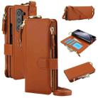 For Samsung Galaxy Z Fold6 Crossbody Ring Multifunctional Wallet Fold Leather Phone Case(Brown) - 1