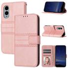 For Fujitsu Arrows F-51E We2 Embossed Stripes Skin Feel Leather Phone Case(Pink) - 1