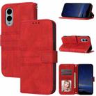 For Fujitsu Arrows F-51E We2 Embossed Stripes Skin Feel Leather Phone Case(Red) - 1