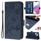 For iPhone 14 / 13 Embossed Rose RFID Anti-theft Leather Phone Case(Dark Blue) - 1
