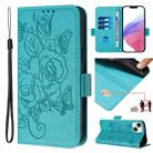 For iPhone 14 Plus Embossed Rose RFID Anti-theft Leather Phone Case(Light Blue) - 1