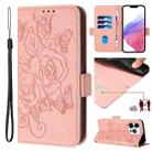 For iPhone 14 Pro Embossed Rose RFID Anti-theft Leather Phone Case(Pink) - 1