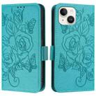 For iPhone 15 Plus Embossed Rose RFID Anti-theft Leather Phone Case(Light Blue) - 2
