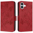 For iPhone 16 Embossed Rose RFID Anti-theft Leather Phone Case(Red) - 2