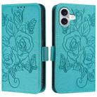 For iPhone 16 Embossed Rose RFID Anti-theft Leather Phone Case(Light Blue) - 2