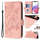 For iPhone 16 Embossed Rose RFID Anti-theft Leather Phone Case(Pink) - 1