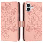 For iPhone 16 Embossed Rose RFID Anti-theft Leather Phone Case(Pink) - 2