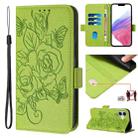 For iPhone 16 Plus Embossed Rose RFID Anti-theft Leather Phone Case(Green) - 1