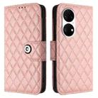 For Huawei P50 Rhombic Texture Flip Leather Phone Case with Lanyard(Coral Pink) - 2