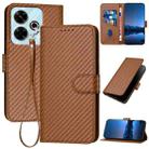 For Redmi 13 4G YX0070 Carbon Fiber Buckle Leather Phone Case with Lanyard(Coffee) - 1