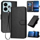For Redmi 13 4G YX0070 Carbon Fiber Buckle Leather Phone Case with Lanyard(Black) - 1