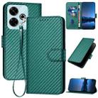 For Redmi 13 4G YX0070 Carbon Fiber Buckle Leather Phone Case with Lanyard(Dark Green) - 1