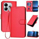 For Redmi Note 14 5G YX0070 Carbon Fiber Buckle Leather Phone Case with Lanyard(Red) - 1