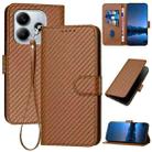 For Redmi Note 14 5G YX0070 Carbon Fiber Buckle Leather Phone Case with Lanyard(Coffee) - 1