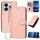 For Redmi Note 14 5G YX0070 Carbon Fiber Buckle Leather Phone Case with Lanyard(Pink) - 1