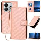 For Redmi Note 14 4G 163.25mm YX0070 Carbon Fiber Buckle Leather Phone Case with Lanyard(Pink) - 1