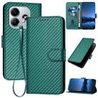For Redmi Note 14 4G 163.25mm YX0070 Carbon Fiber Buckle Leather Phone Case with Lanyard(Dark Green) - 1