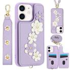 For iPhone 12 / 12 Pro Crossbody Flower Pattern Leather Phone Case(Purple) - 1