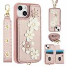 For iPhone 14 / 13 Crossbody Flower Pattern Leather Phone Case(Rose Gold) - 1