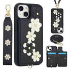 For iPhone 15 Plus / 14 Plus Crossbody Flower Pattern Leather Phone Case(Black) - 1