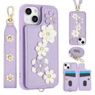 For iPhone 15 Plus / 14 Plus Crossbody Flower Pattern Leather Phone Case(Purple) - 1