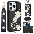 For iPhone 15 Pro Crossbody Flower Pattern Leather Phone Case(Black) - 1