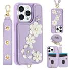 For iPhone 15 Pro Crossbody Flower Pattern Leather Phone Case(Purple) - 1