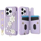For iPhone 15 Pro Crossbody Flower Pattern Leather Phone Case(Purple) - 2