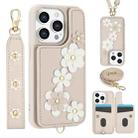 For iPhone 15 Pro Max Crossbody Flower Pattern Leather Phone Case(White) - 1