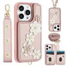 For iPhone 15 Pro Max Crossbody Flower Pattern Leather Phone Case(Rose Gold) - 1